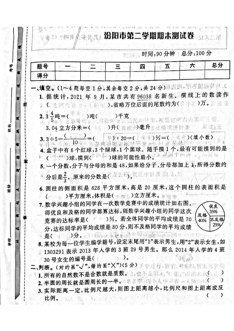 山西省吕梁市汾阳市2022-2023学年六年级下学期期末测试数学试题01