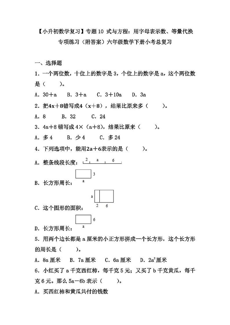【小升初数学复习】专题10 式与方程：用字母表示数、等量代换练习（附答案）六年级数学下册小考总复习第1页
