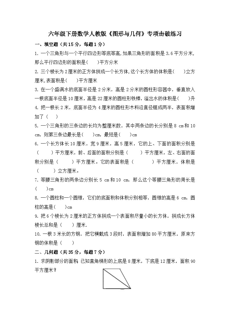 《图形与几何》专项击破练习（专项练习）人教版六年级下册数学第1页