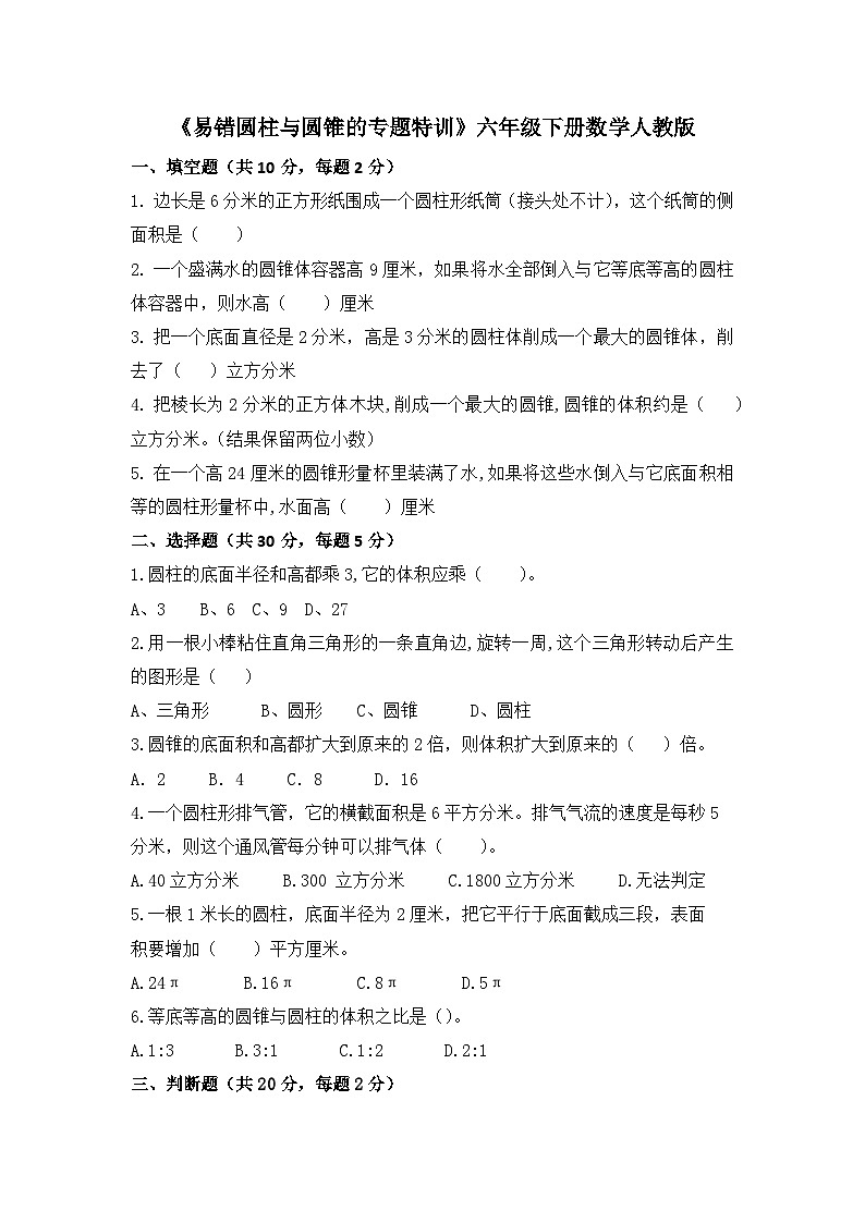 《易错圆柱与圆锥的专题特训》（试题）  六年级下册数学人教版第1页