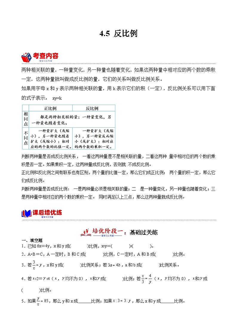 4.5 反比例  小学数学六年级下册同步培优讲义（人教版）第1页