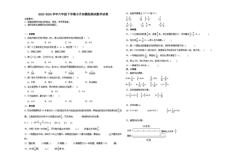 小升初模拟测试(试题)-2023-2024学年六年级下册数学北师大版(03)第1页