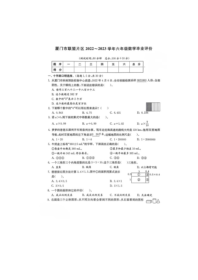 福建省厦门市联盟片区2022-2023学年六年级下学期期末数学测试卷01