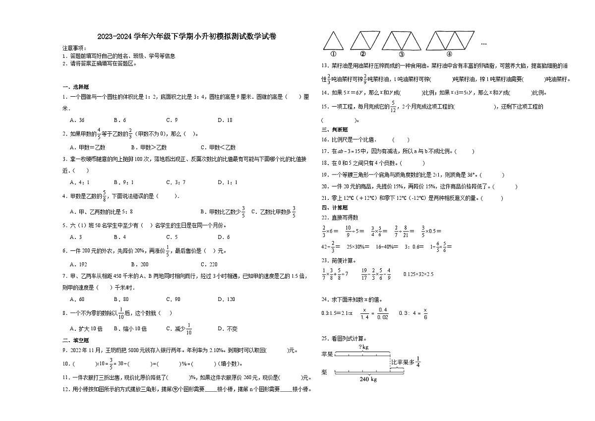 江苏省苏州市小升初模拟测试押题卷（试题）-2023-2024学年六年级下册数学 苏教版第1页