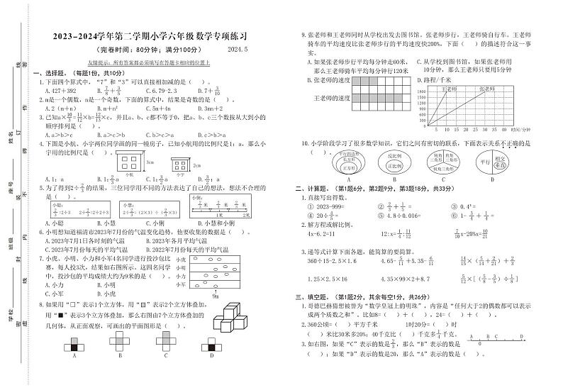 福建省福州市福清市2023-2024学年六年级下学期期末阶段专项练习数学试题01