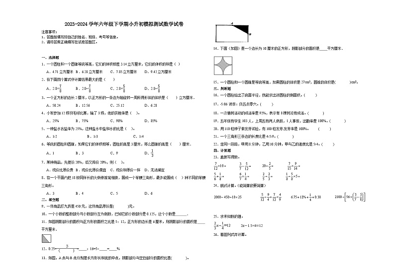 小升初模拟测试押题卷(试题)-2023-2024学年六年级下册数学苏教版第1页