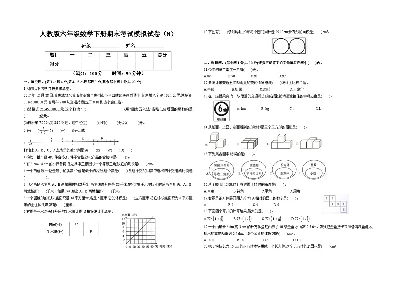 人教版六年级数学下册期末考试模拟试卷（8）01