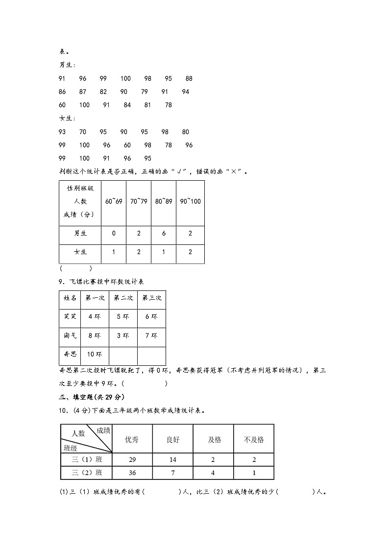 3.复式统计表（提升题）-2023-2024学年三年级数学下学期期末练习（人教版）第2页