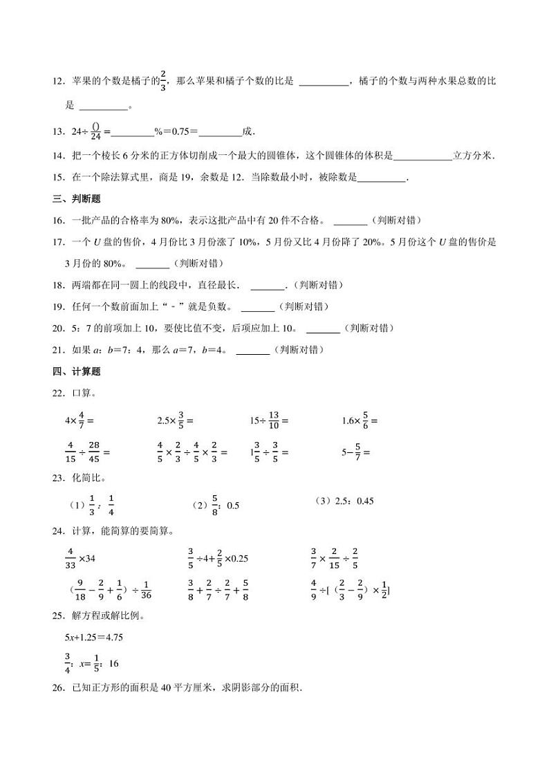 2024年江苏省连云港市小升初模拟数学试卷附答案解析02