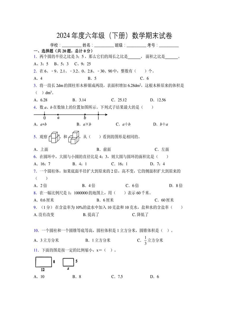 2024年度六年级（下册）数学期末试卷及详细答案解析54第1页