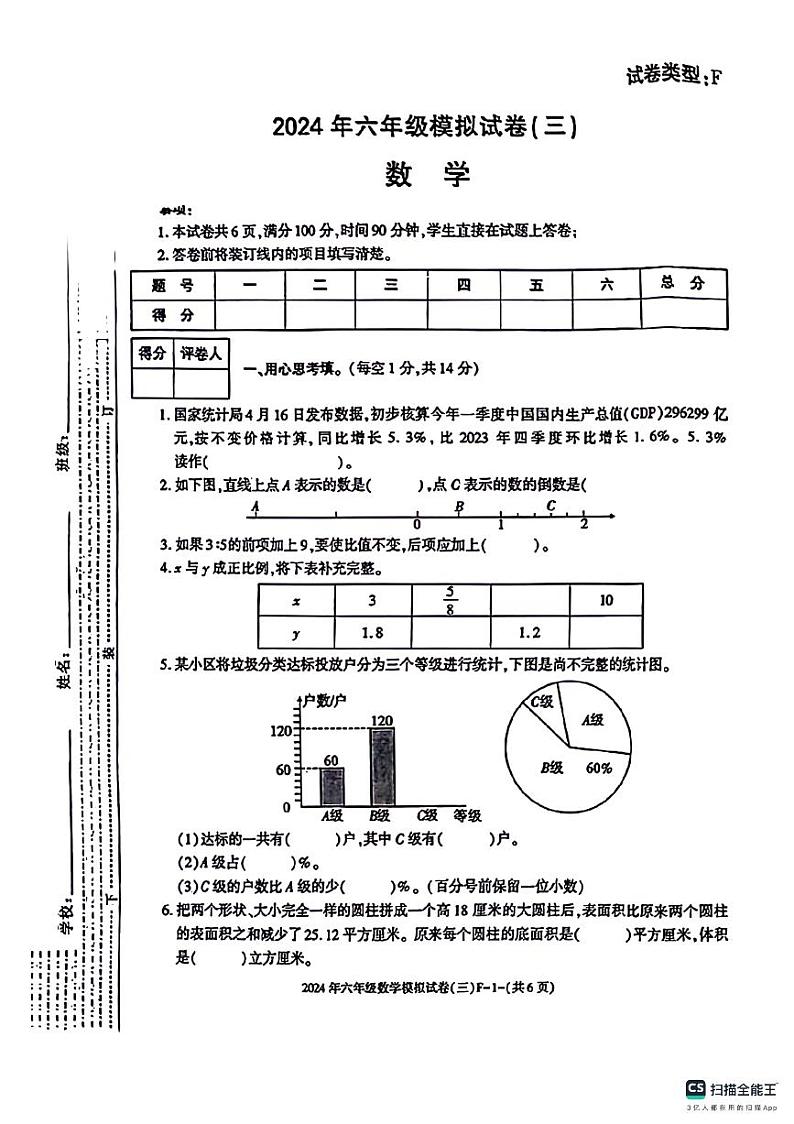 陕西省咸阳市永寿县部分学校2023-2024学年六年级下学期模拟预测数学试题01