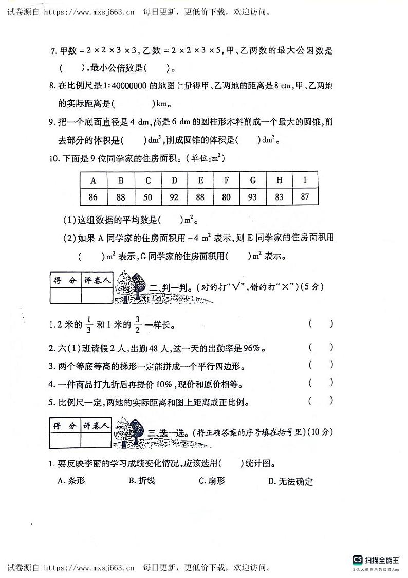 陕西省咸阳市永寿县常宁镇2022-2023学年六年级下学期期末检测数学试题第2页