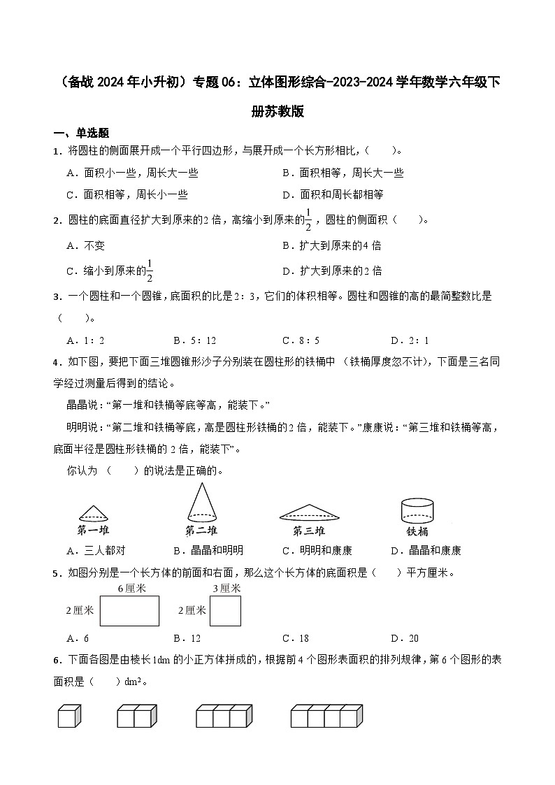 （备战2024年小升初）专题06：立体图形综合-2023-2024学年数学六年级下册苏教版第1页