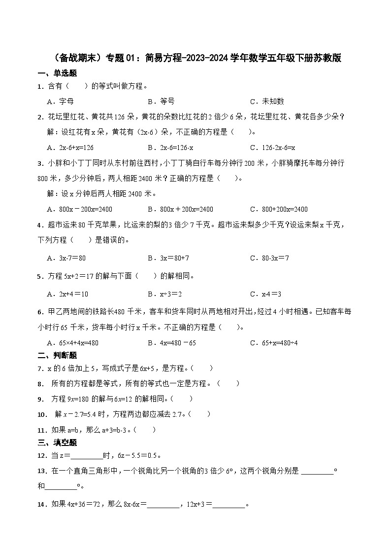 （备战期末）专题01：简易方程-2023-2024学年数学五年级下册苏教版01