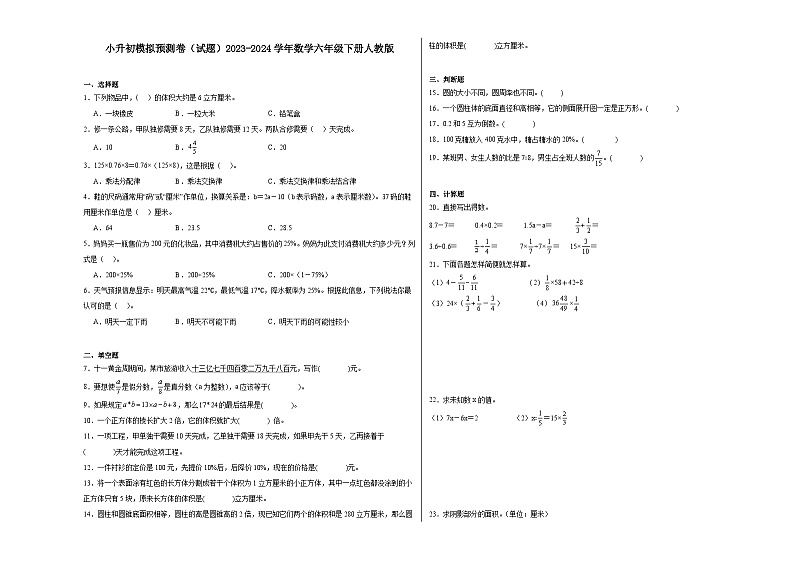 小升初模拟预测卷（试题）2023-2024学年数学六年级下册人教版01