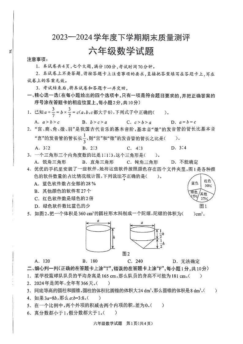 河南省_周口市_项城市多校联考2023-2024学年六年级下学期6月期末数学试题第1页