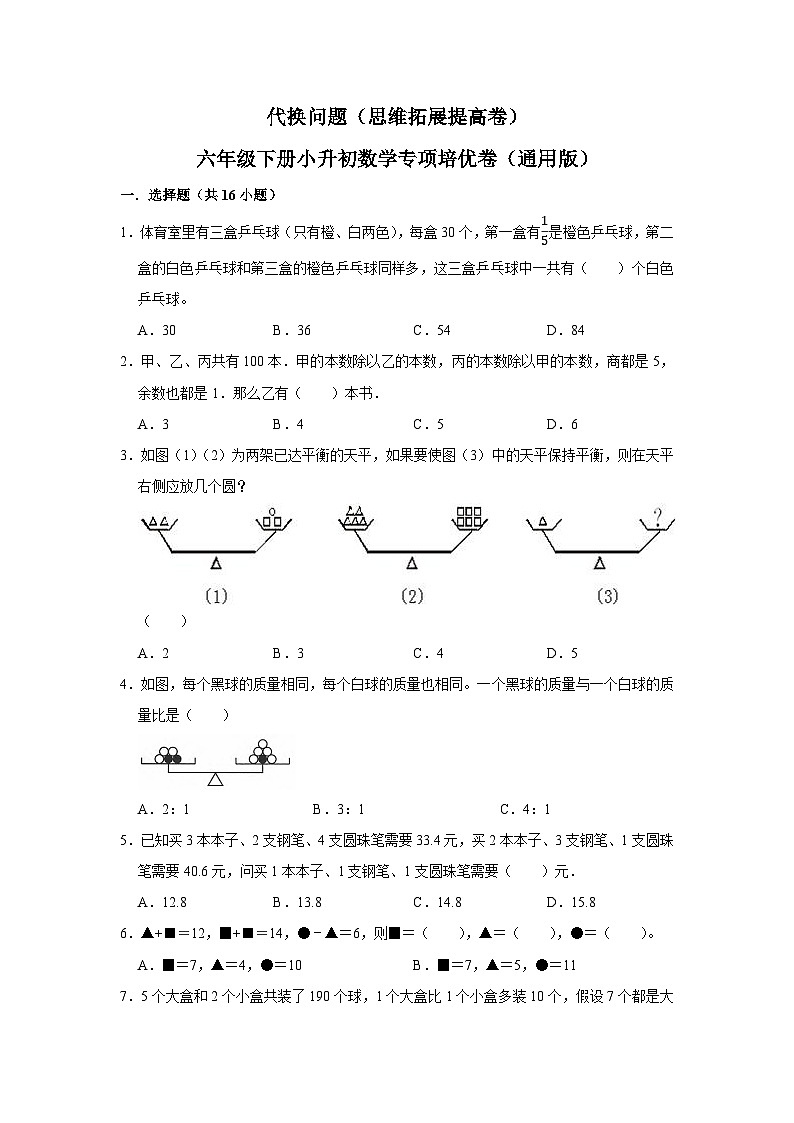 40 代换问题（思维拓展专项练习）小升初数学专项培优（通用版含解析）第1页