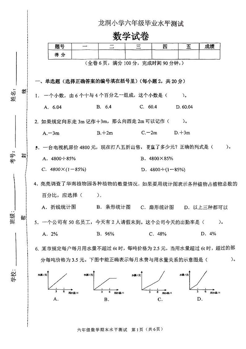 广东省广州市天河区龙洞小学2023-2024学年六年级下学期数学结业考试卷第1页
