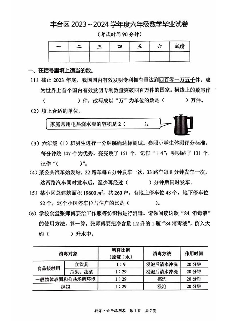 2024北京丰台通用版六年级毕业考数学真题试卷+无答案第1页