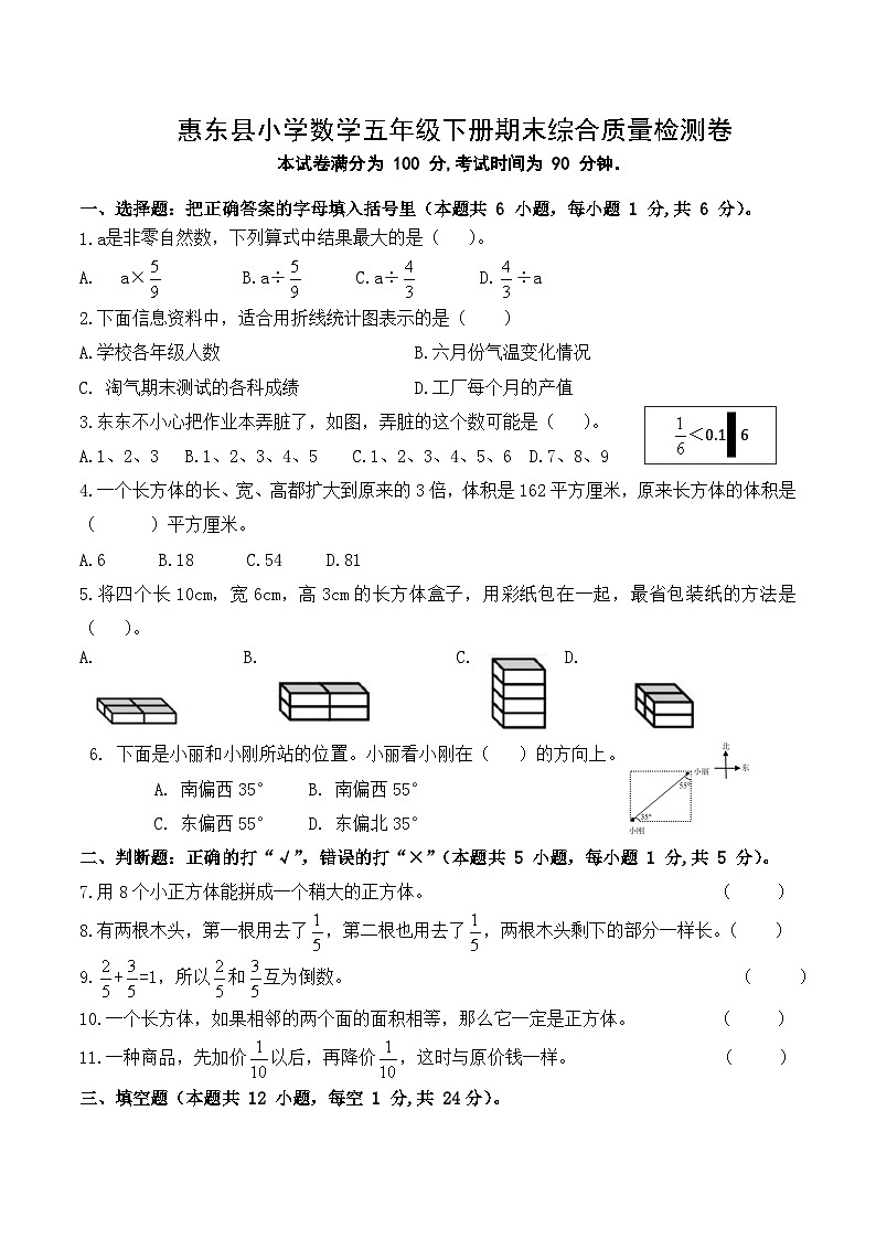 广东省惠州市惠东县2023-2024学年五年级下学期期末模拟数学试卷(01)01