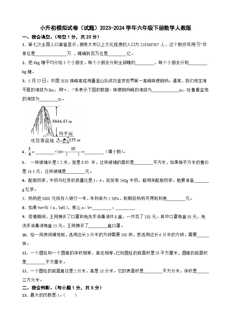 小升初模拟试卷（试题）2023-2024学年六年级下册数学人教版第1页
