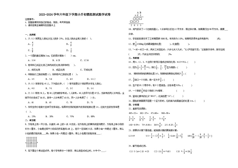 小升初模拟卷（试题）2023-2024学年六年级下册数学北师大版第1页