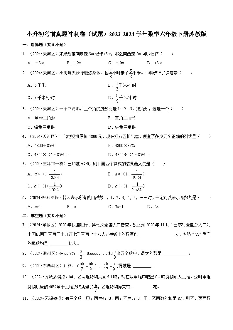 小升初考前真题冲刺卷（试题）2023-2024学年六年级下册数学苏教版第1页