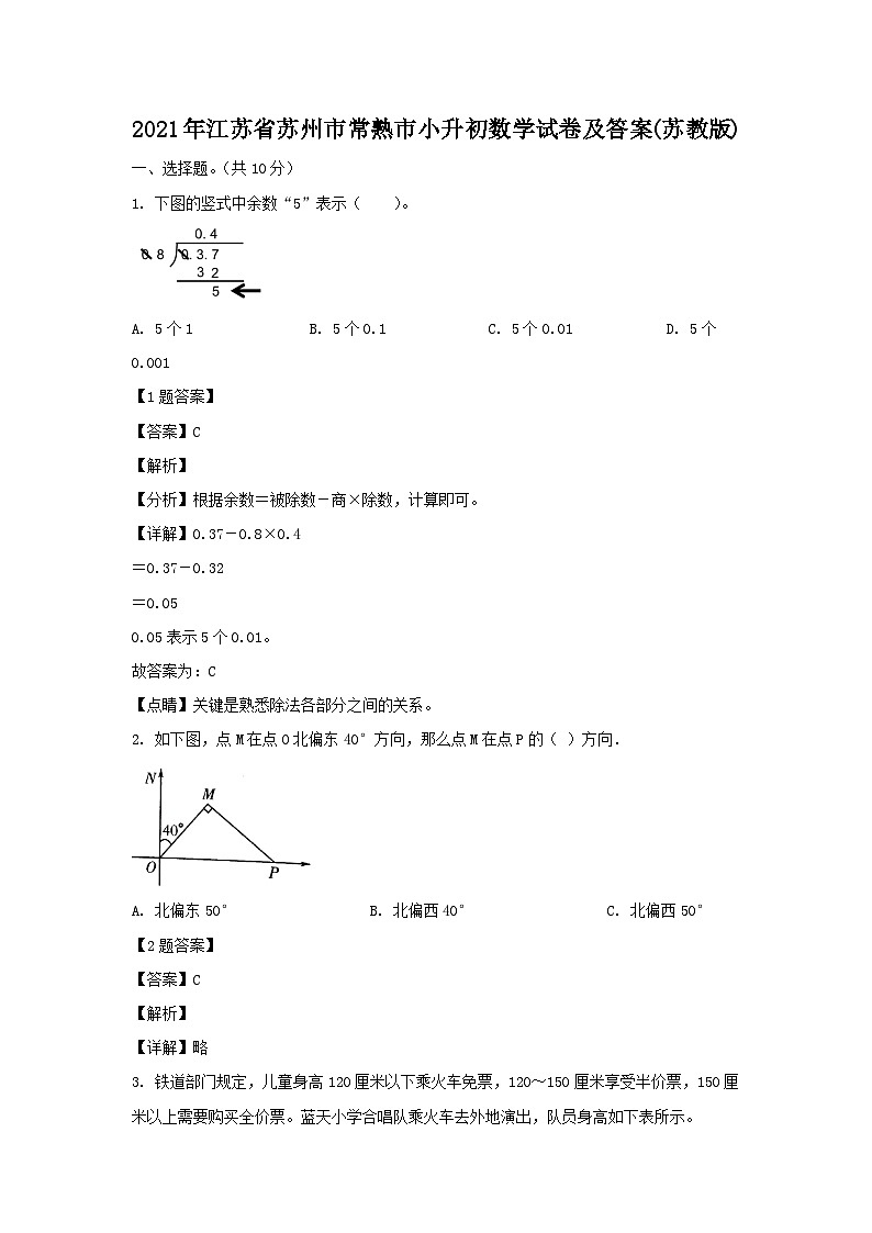 2021年江苏省苏州市常熟市小升初真题数学试卷及答案(苏教版)01