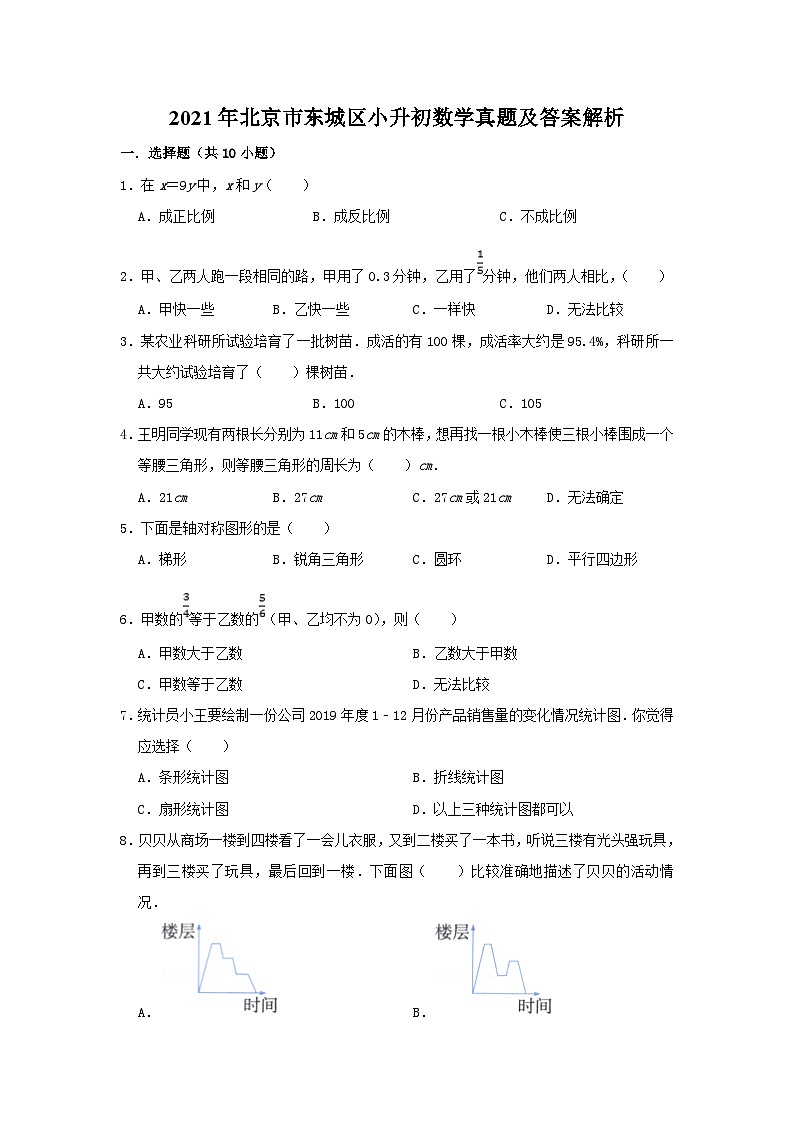2021年北京市东城区小升初数学真题及答案解析第1页