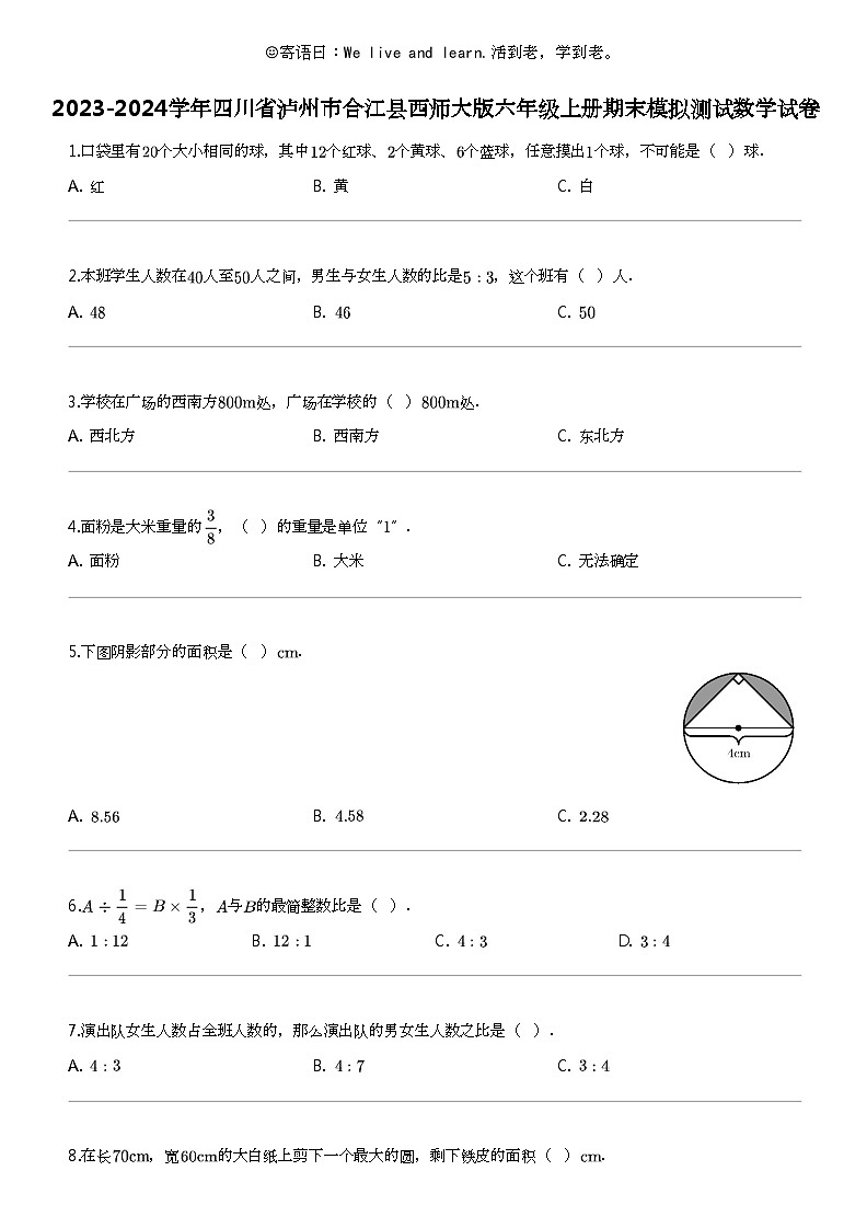 [数学]2023-2024数学年四川省泸州市合江县西师大版六年级上册期末模拟测试数学试卷01