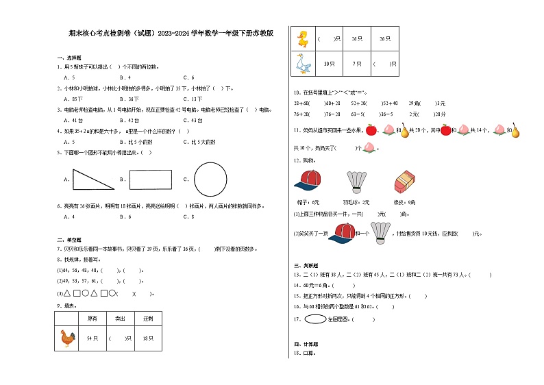 期末核心考点检测卷（试题）2023-2024学年数学一年级下册苏教版第1页