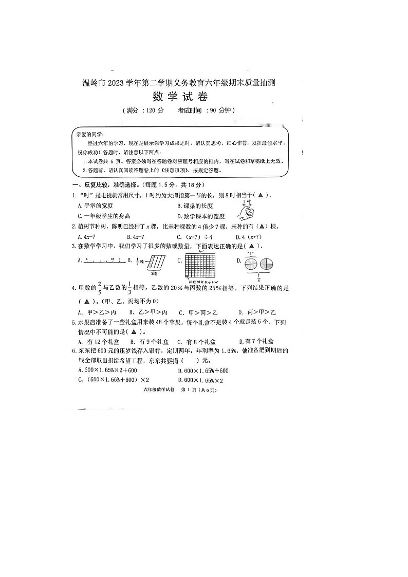 浙江省台州市温岭市2023-2024学年六年级下学期期末数学试题01