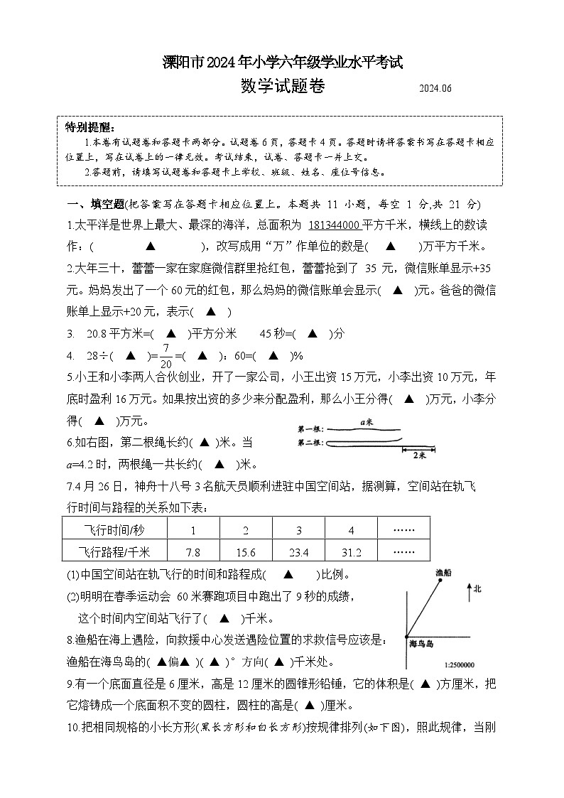 江苏省常州市溧阳市2023-2024学年六年级下学期期末学业水平考试数学试题01