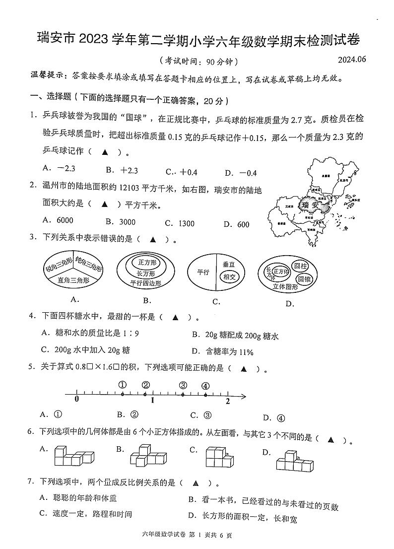 浙江省温州市瑞安市2023-2024学年六年级下学期期末数学试卷01