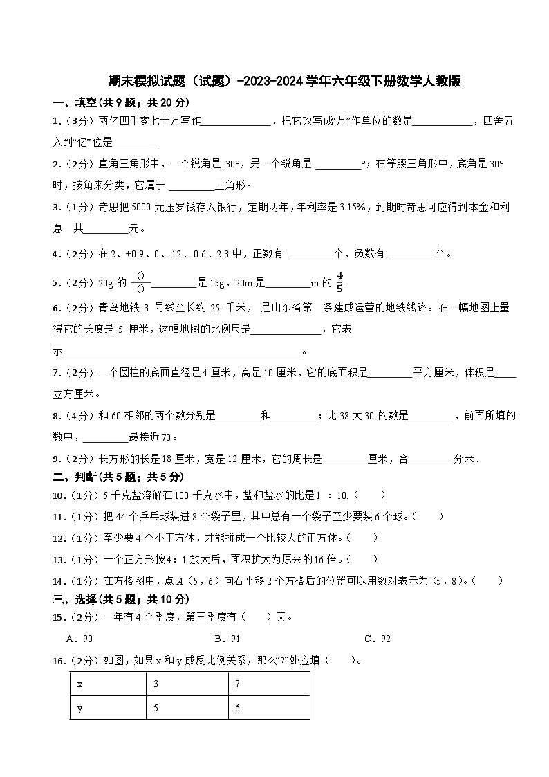 期末模拟试题（试题）-2023-2024学年六年级下册数学人教版01