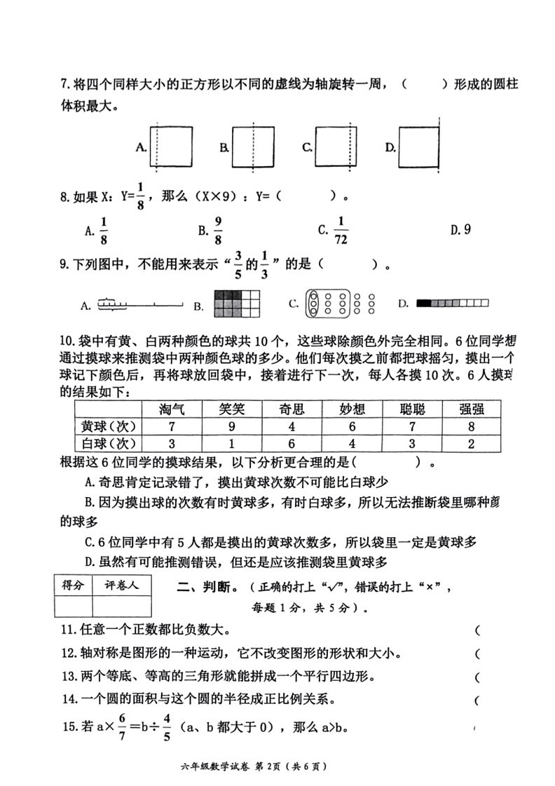 [数学]四川省遂宁市射洪市2023～2024数学年六年级下期期末质量监测数学试卷(无答案)第2页