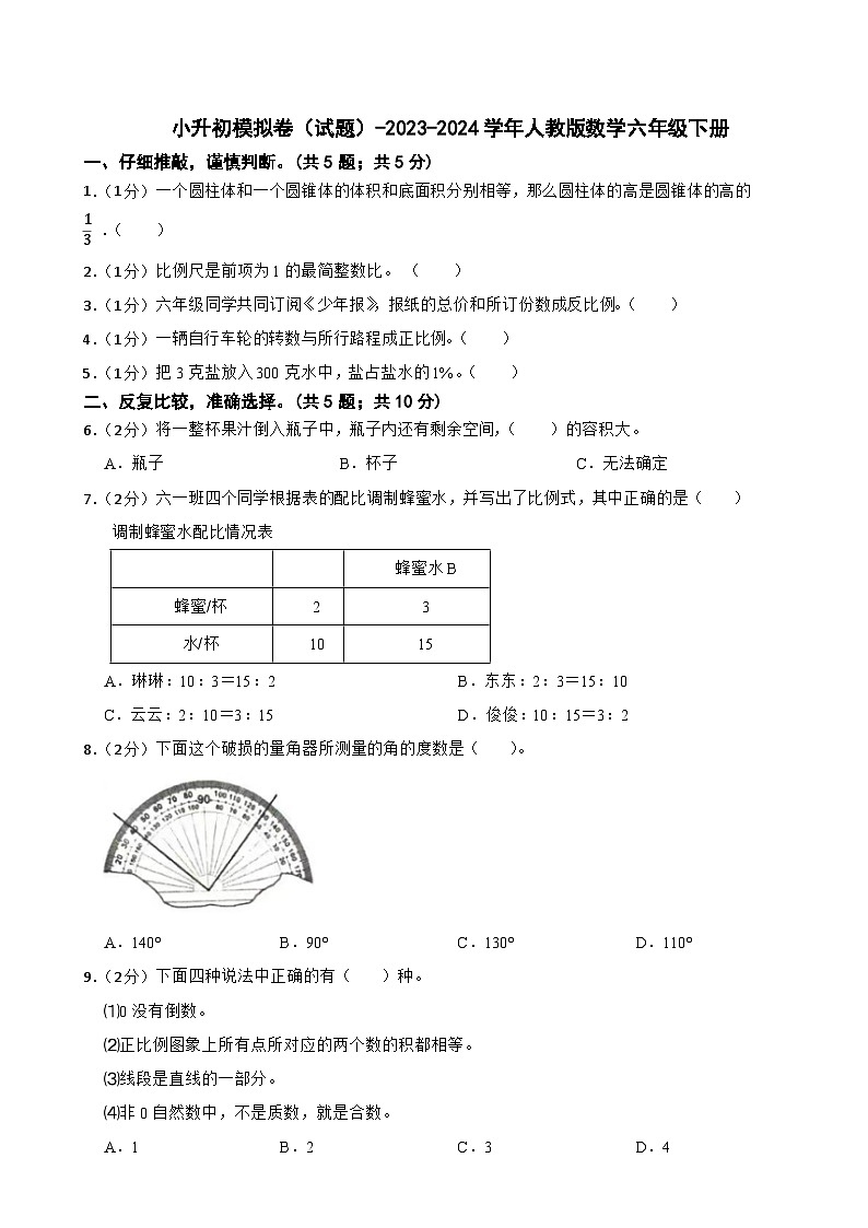 小升初模拟卷（试题）-2023-2024学年人教版数学六年级下册(1)第1页