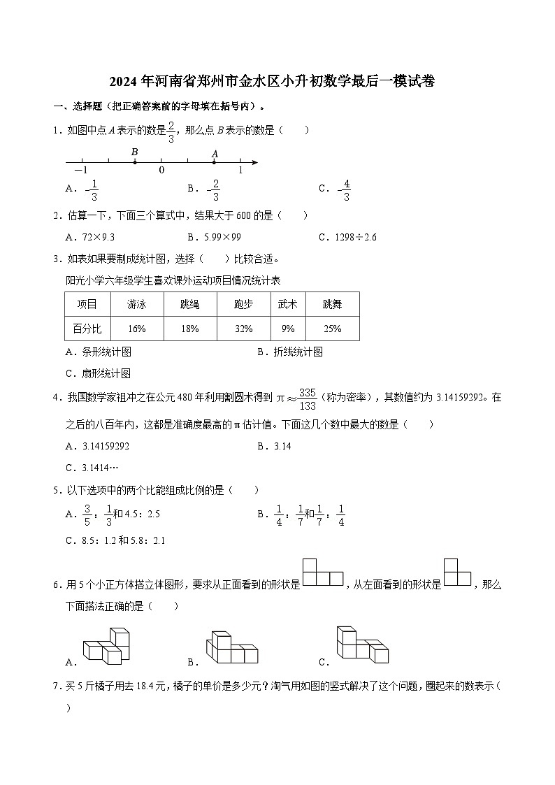 2024年河南省郑州市金水区小升初数学最后一模试卷第1页