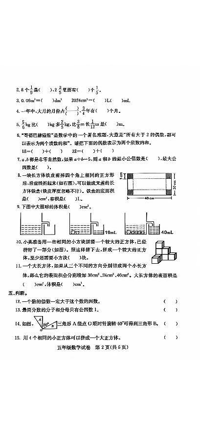 湖北省武汉市江汉区2023-2024学年五年级下学期期末数学试题02