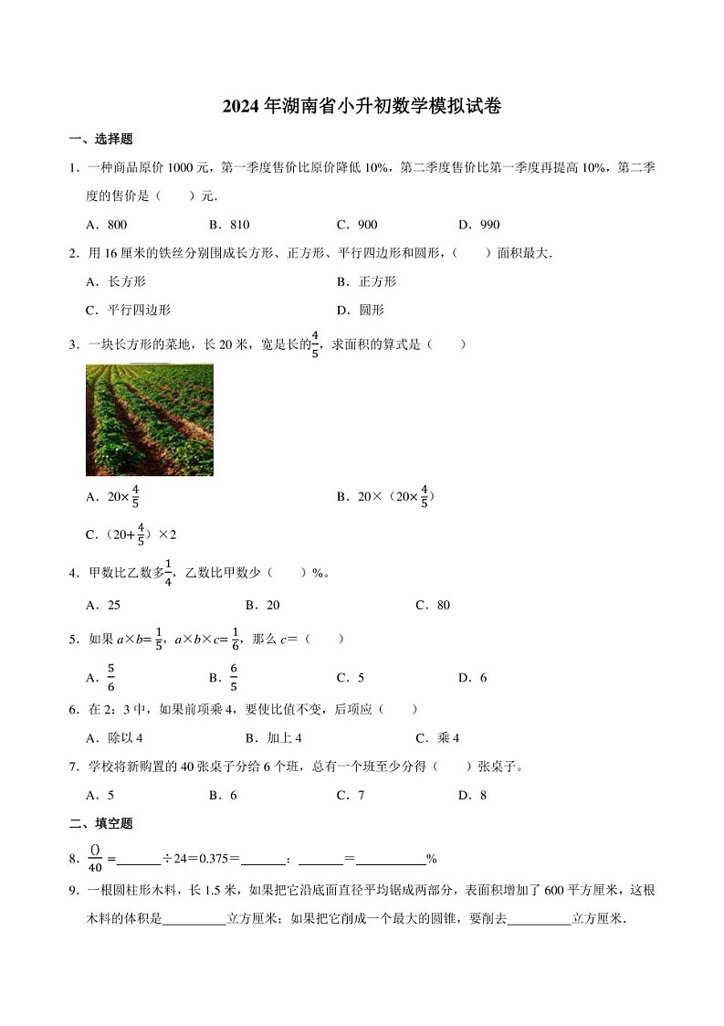 2024年湖南省小升初数学模拟试卷附答案解析第1页