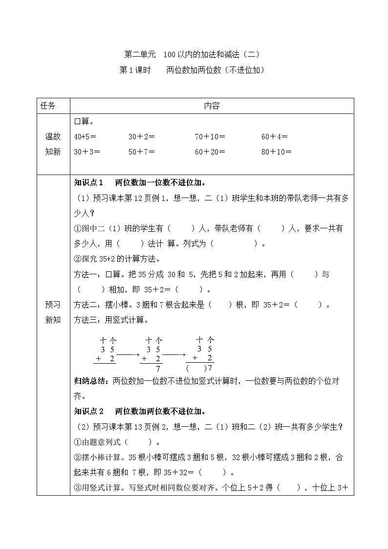 【暑假预习】二年级上册数学同步暑假预习第二单元第1课时  两位数加两位数（不进位加）  人教版（含答案）01