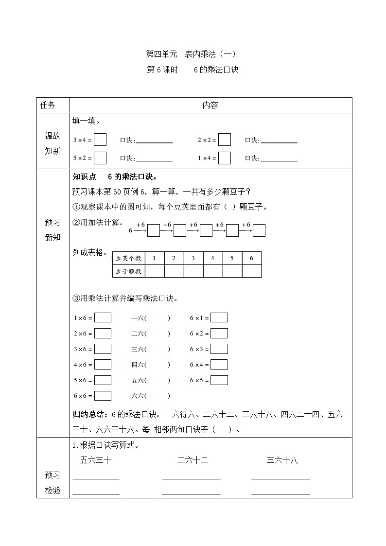 【暑假预习】二年级上册数学同步暑假预习第四单元第6课时  6的乘法口诀   人教版（含答案）01