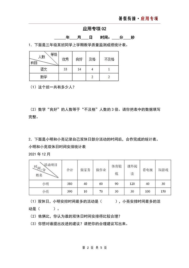 第三单元复式统计表应用专项5篇-三升四年级数学暑假衔接·应用专项（原卷版）人教版第2页