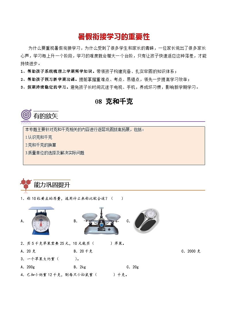专题08-克和千克-二年级数学暑假专项提高（人教版）01