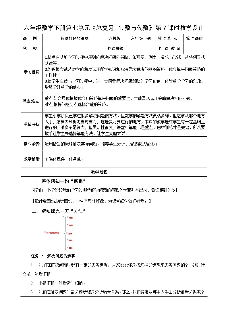 苏教版数学六年级下册7.1.7《解决问题的策略》课件+教案+分层作业+学习任务单01