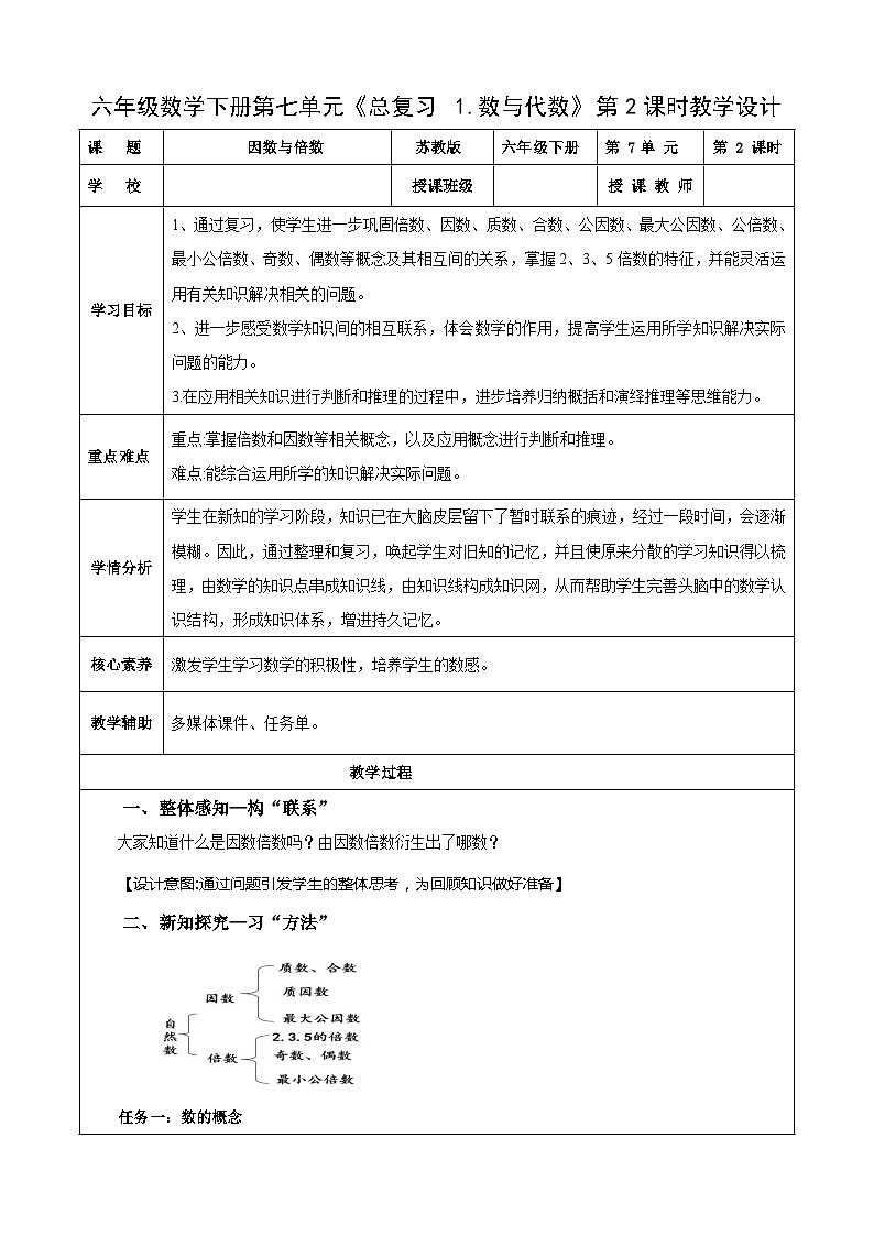 苏教版数学六年级下册7.1.2《因数与倍数》课件+教案+分层作业+学习任务单01