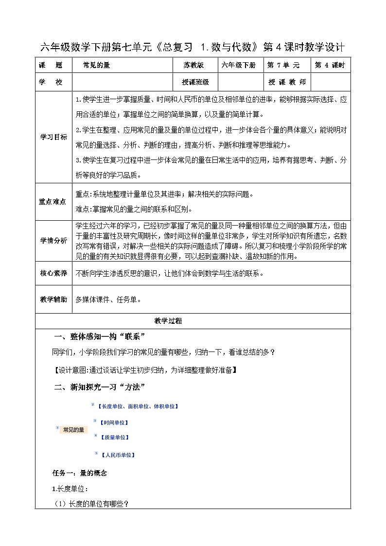 苏教版数学六年级下册7.1.4《常见的量》课件+教案+分层作业+学习任务单01