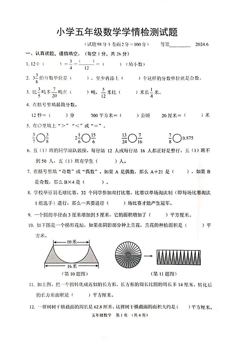 江苏省宿迁市沭阳县2023-2024学年五年级下学期期末数学试题第1页