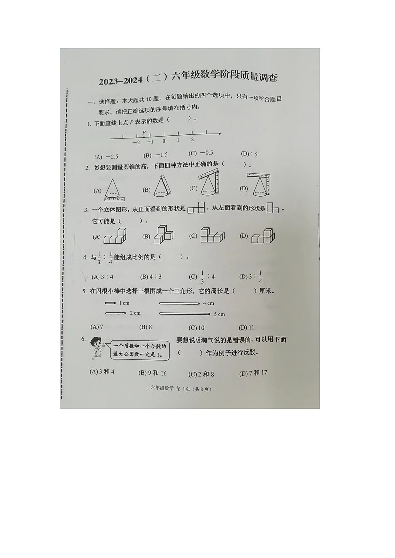 天津市河西区天津师范大学第二附属小学2023-2024六年级下学期数学期末测试01