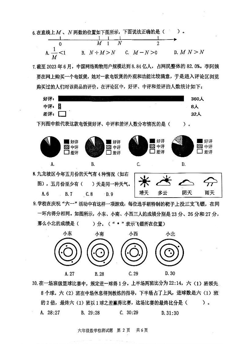 重庆市九龙坡区2023-2024学年六年级下学期学业质量监测数学试题第2页